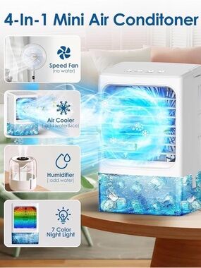 4-in-1 Mini Air Conditioner Portable Desk Cooler - White/Blue